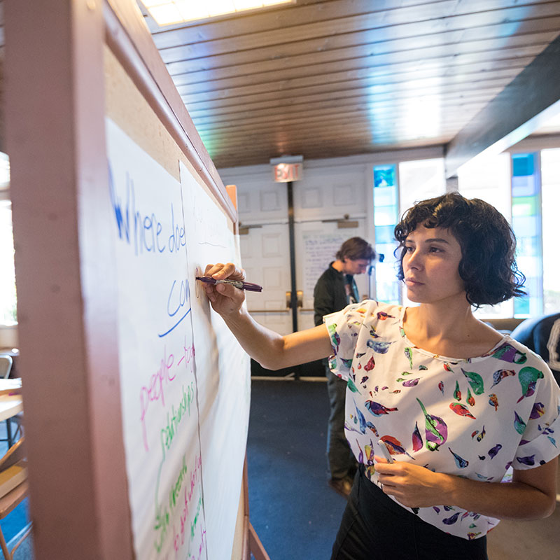 A person writes notes on a wall in what appears to be a meeting.