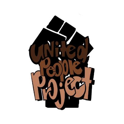 A black fist lifted upwards and the words "United People Project" written over it in brown 