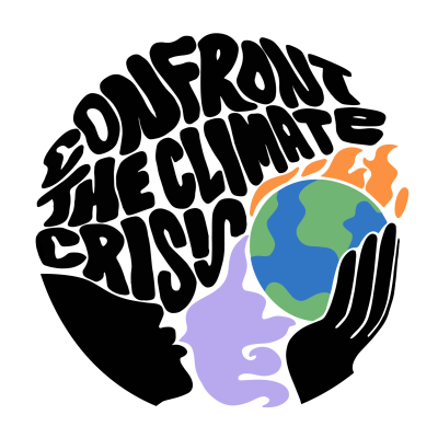 A drawn face blows a purple colored breeze towards the Earth which is on fire. The words "Confront The Climate Crisis" are squiggled on top of this drawing