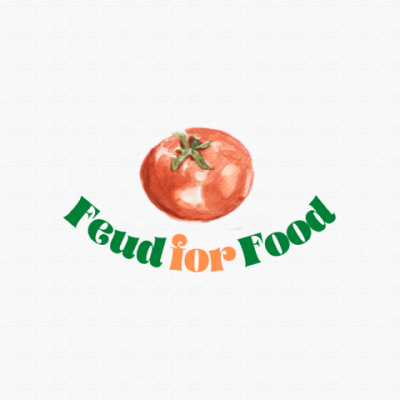 A red tomato with the words "Feud for Food" underneath