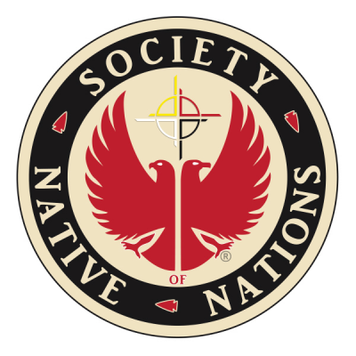 2 red bird with wings spread upward sit in the middle of this logo. The words "Society of Native Nations" surround the bird in a circle shape