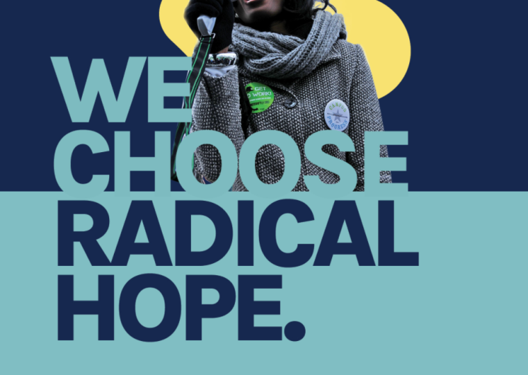 A color block of navy blue on the top half of the graphic and pale blue at the bottom half. At the top half of the graphic, a person has their moth wide open towards a megaphone. They wear a gray scarf and black gloves